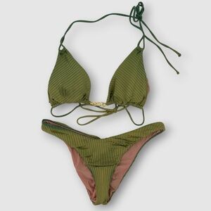 PQ Swim Ribbed Triangle Bikini Set Olive Green Gold Chain Detail Large